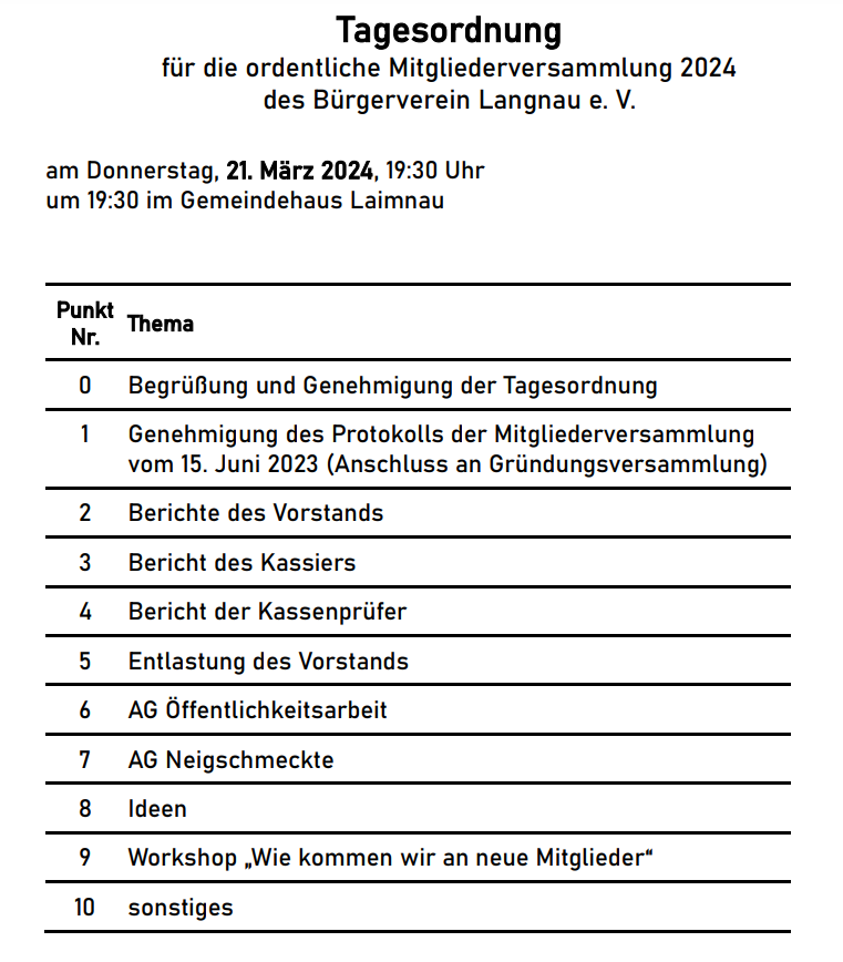 Tagesordnung BV Langnau e.V.
